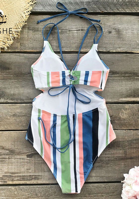 Stripe V-neck Halter One-Piece