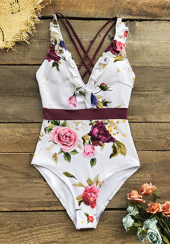 White Floral Ruffled V-neck One-Piece