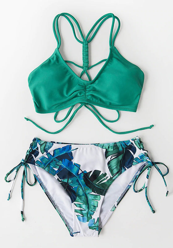 Green and Leafy Print Strappy Bikini Set