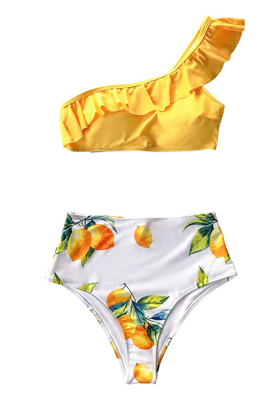 Yellow Lemon Print One Shoulder High-Waisted Bikini Set