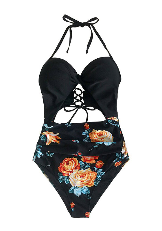 Sexy Black Floral Print Halter One-Piece