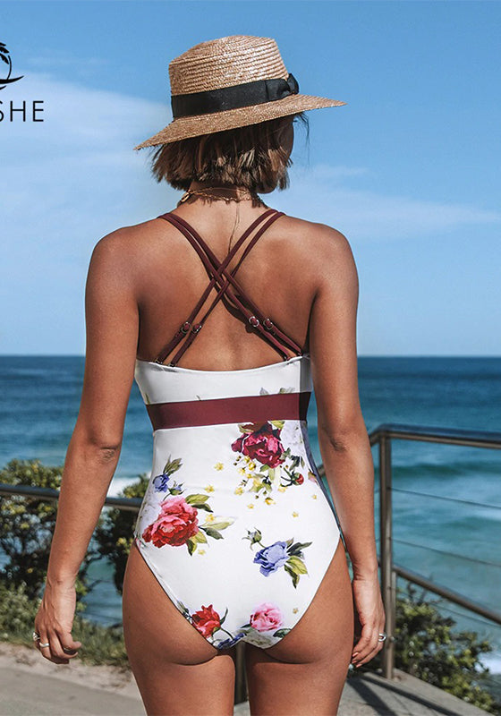 White Floral Ruffled V-neck One-Piece