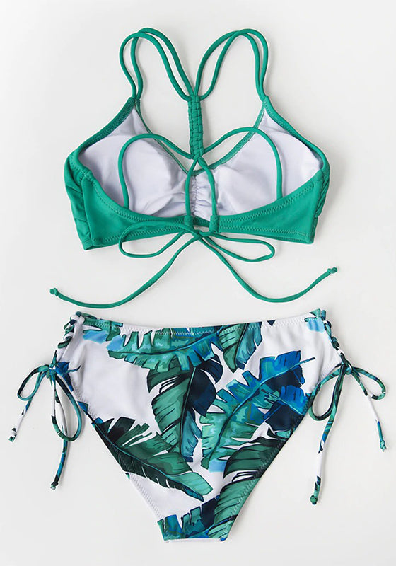 Green and Leafy Print Strappy Bikini Set