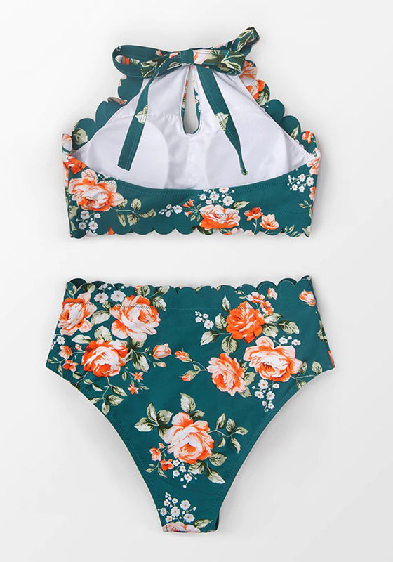 Green Floral Halter Bikini Set