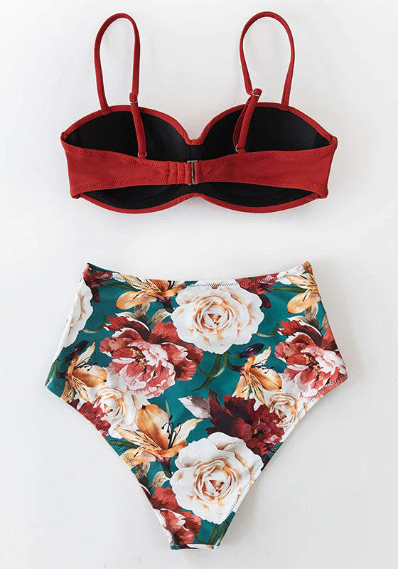 Black And Floral Push Up High Waist Bikini Set