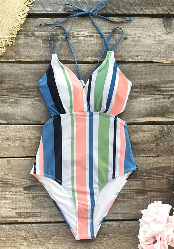 Stripe V-neck Halter One-Piece