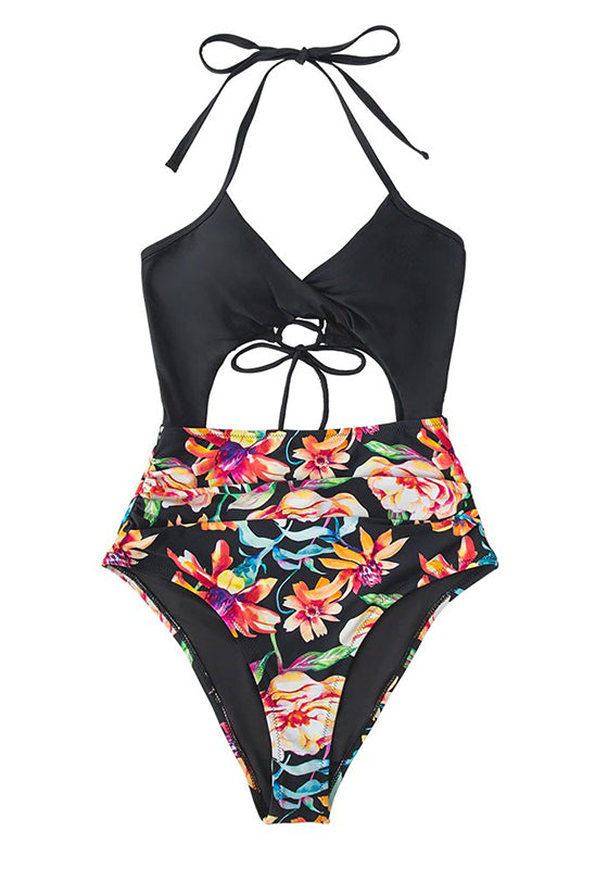 Sexy Black Floral Print Halter One-Piece