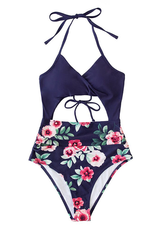 Sexy Black Floral Print Halter One-Piece