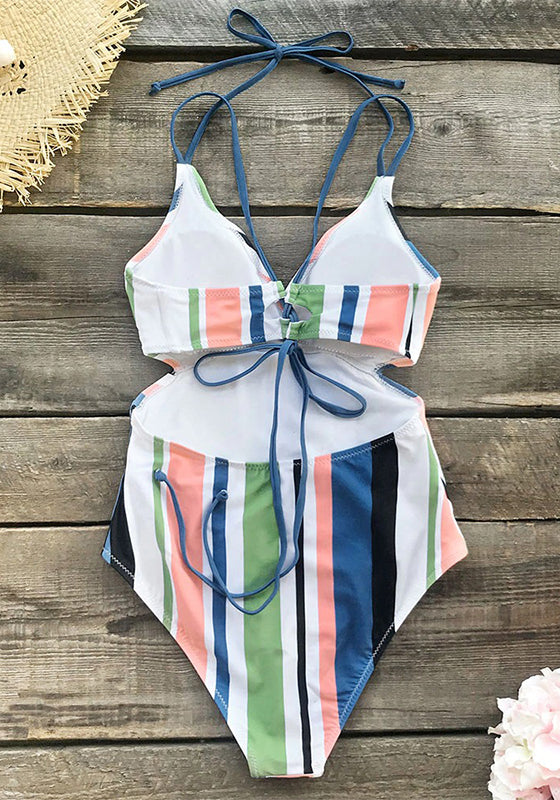 Stripe V-neck Halter One-Piece