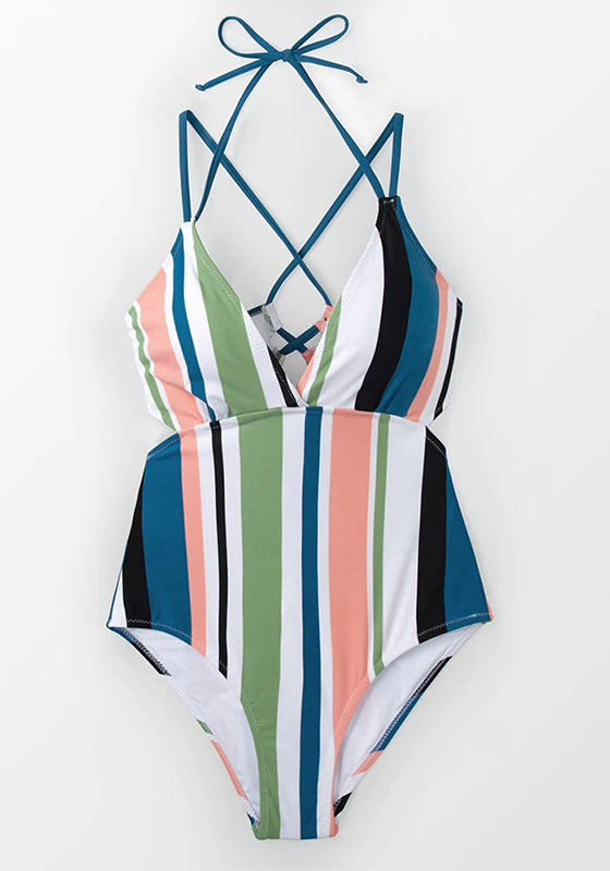 Stripe V-neck Halter One-Piece