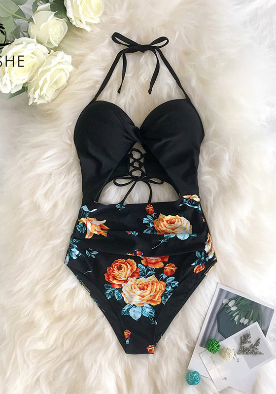 Sexy Black Floral Print Halter One-Piece