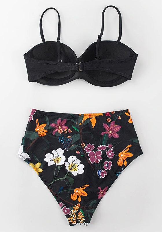 Black And Floral Push Up High Waist Bikini Set