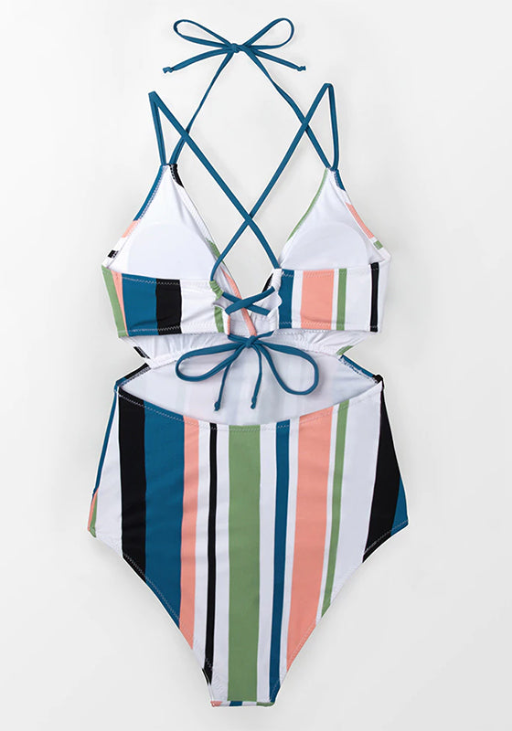 Stripe V-neck Halter One-Piece