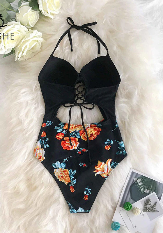 Sexy Black Floral Print Halter One-Piece