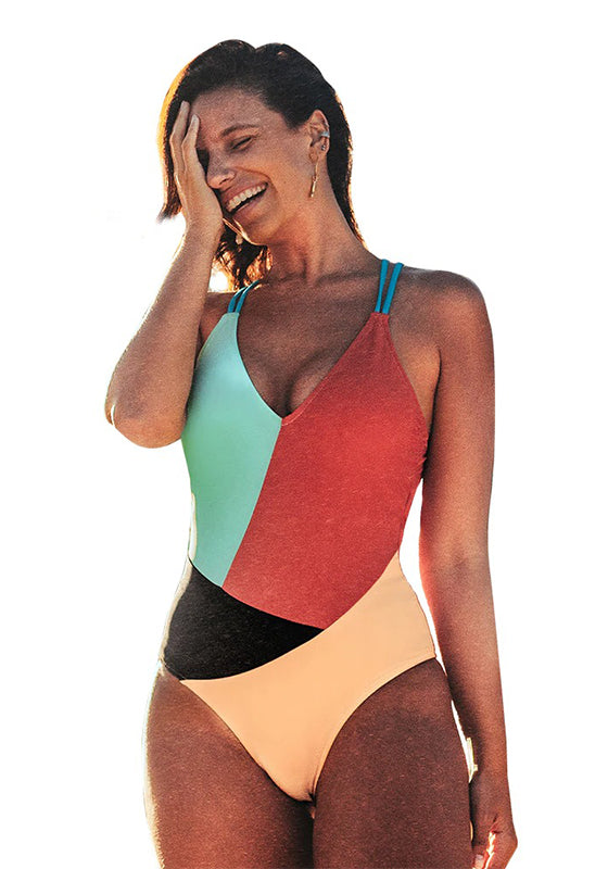 Colorblocked V-Neck Strappy One-Piece