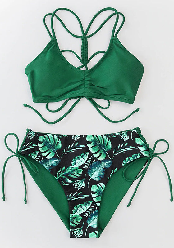 Green and Leafy Print Strappy Bikini Set