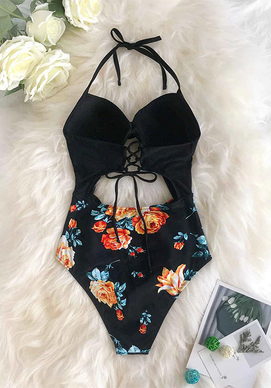 Sexy Black Floral Print Halter One-Piece