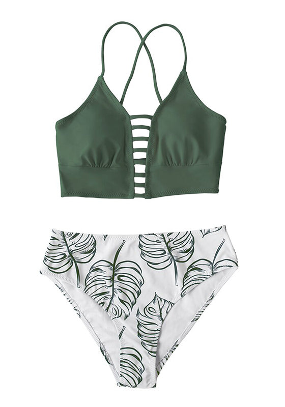 Green Leaf Print Bikini Set