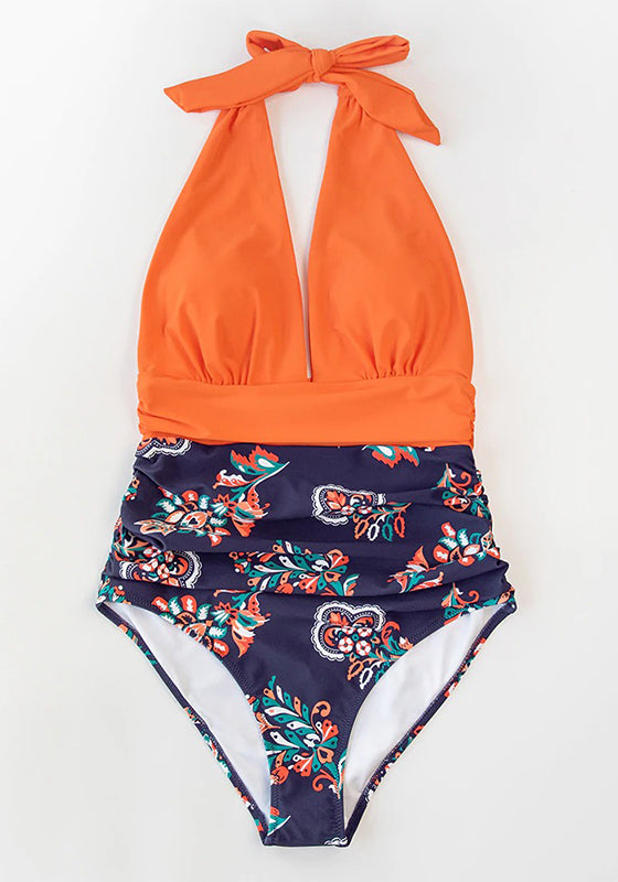 Boho Print and Orange Plunge Halter One-Piece