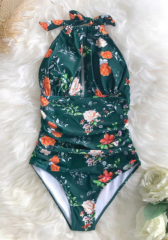 Green Floral Halter One-Piece