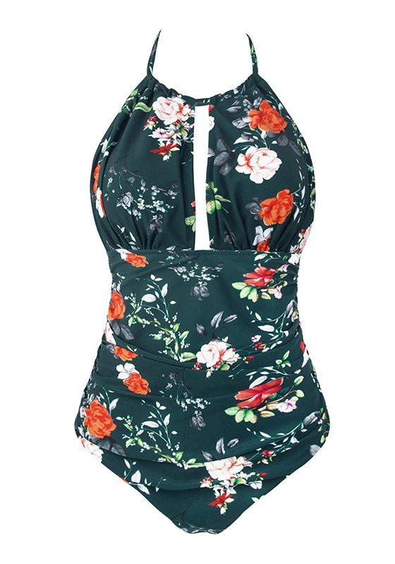 Green Floral Halter One-Piece