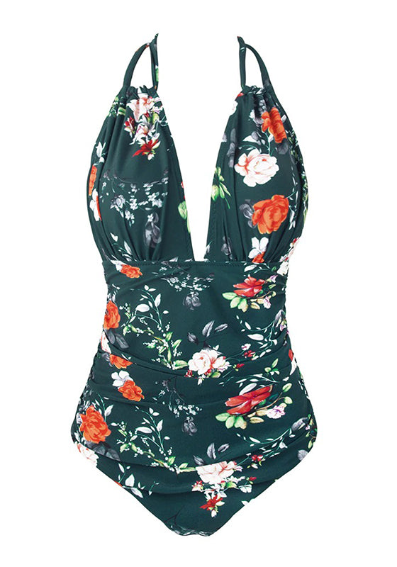 Green Floral Halter One-Piece