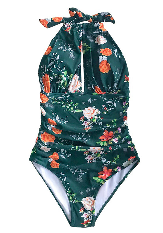 Green Floral Halter One-Piece