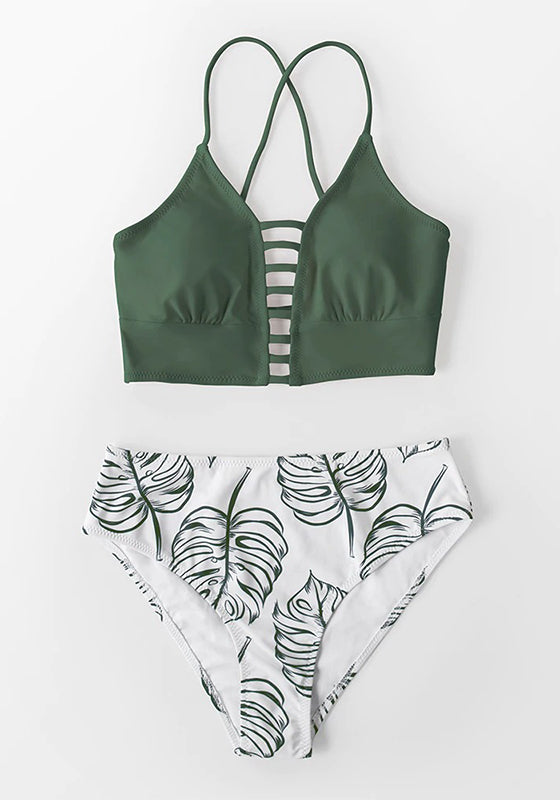 Green Leaf Print Bikini Set