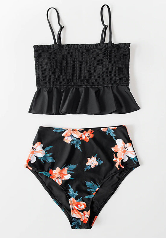 Black Floral Smocked High-Waisted Bikini Set