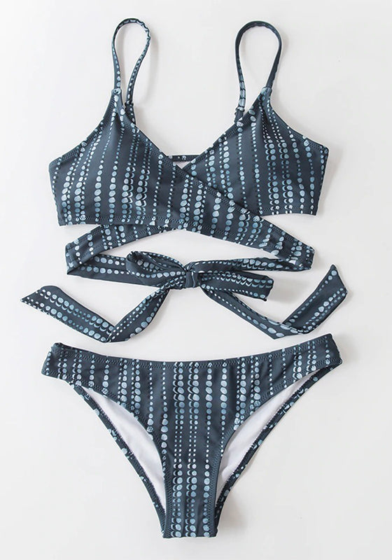 Blue Leaves Print Lace Up Low-waist Bikini Set