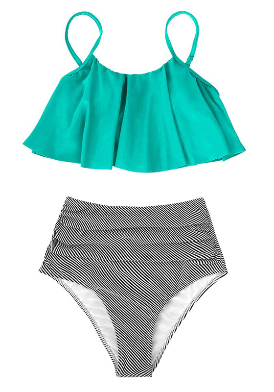 Olive Stripe Falbala High Waisted Bikini Set