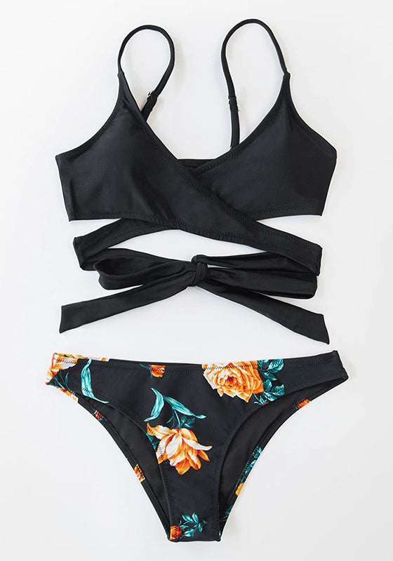 Blue Leaves Print Lace Up Low-waist Bikini Set