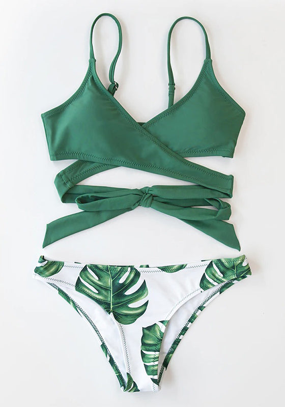 Blue Leaves Print Lace Up Low-waist Bikini Set