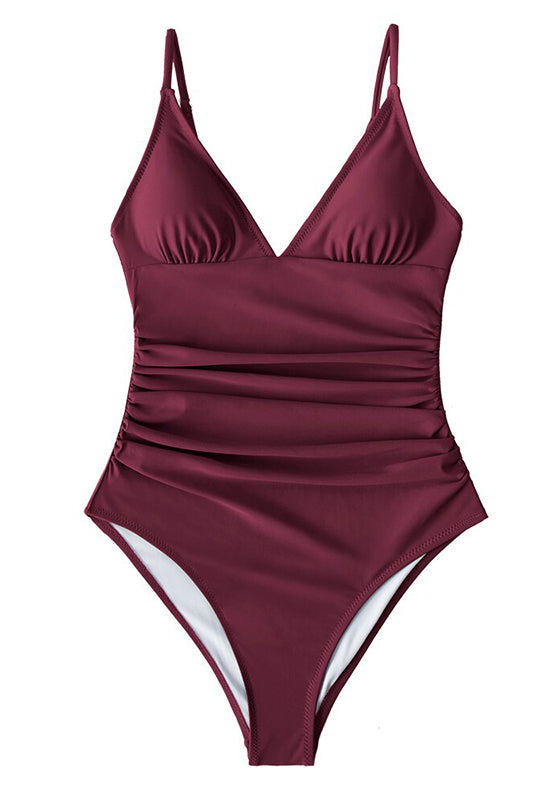 Solid Burgundy Shirring One-piece