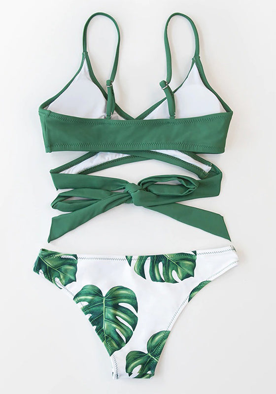 Blue Leaves Print Lace Up Low-waist Bikini Set