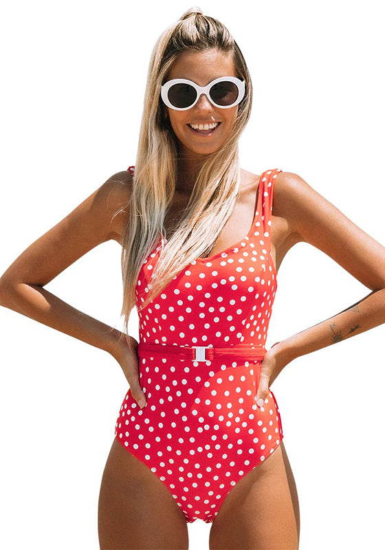 Red Polka Dot Belted One-Piece