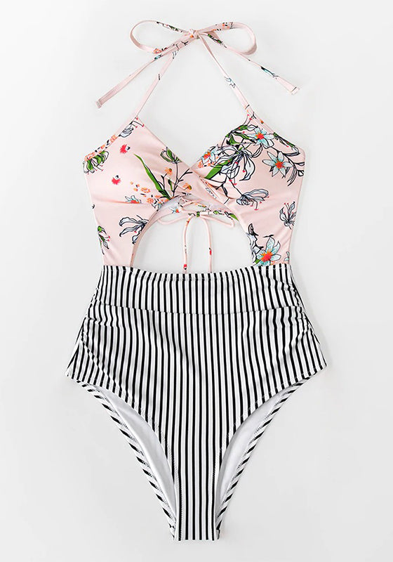 Sexy Black Floral Print Halter One-Piece