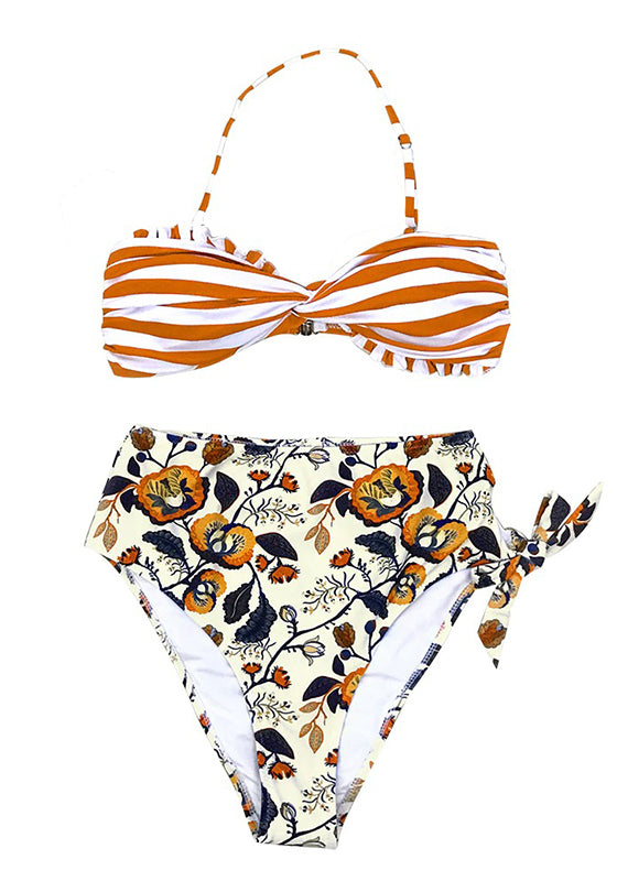 Orange Striped And Floral High-waisted Bikini Set