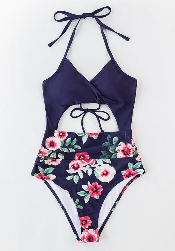 Sexy Black Floral Print Halter One-Piece