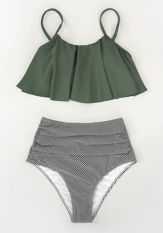 Olive Stripe Falbala High Waisted Bikini Set