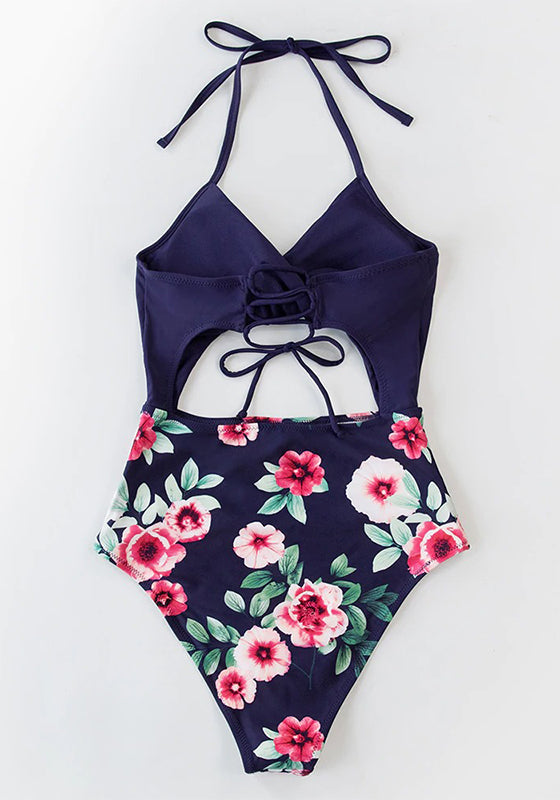 Sexy Black Floral Print Halter One-Piece