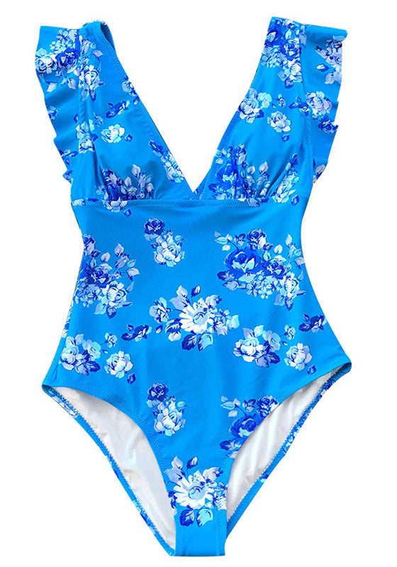 Elegant Blue Floral Print One-Piece