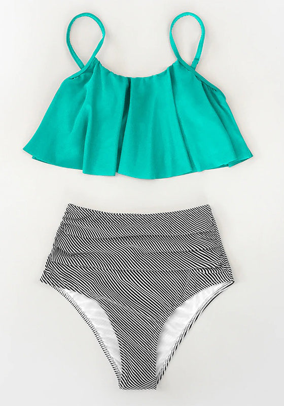 Olive Stripe Falbala High Waisted Bikini Set