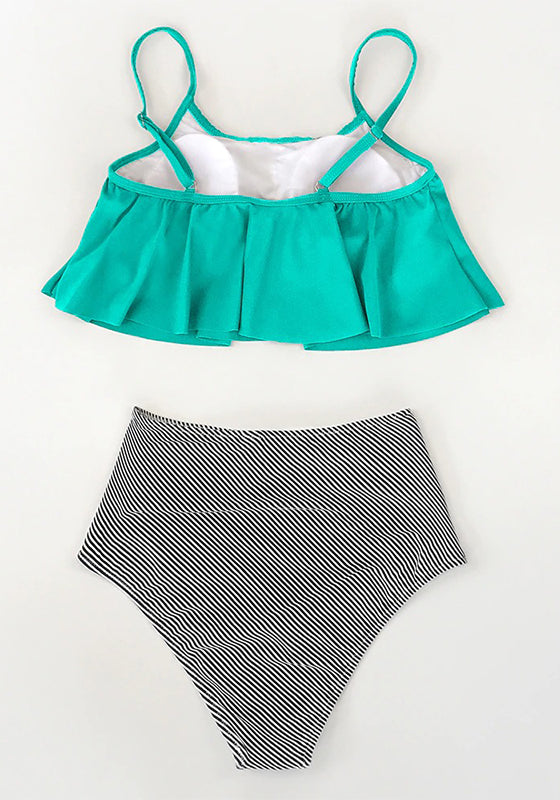 Olive Stripe Falbala High Waisted Bikini Set