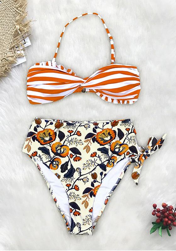 Orange Striped And Floral High-waisted Bikini Set