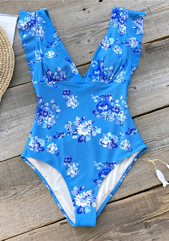 Elegant Blue Floral Print One-Piece