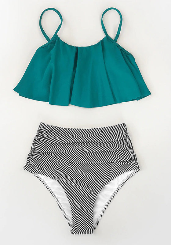 Olive Stripe Falbala High Waisted Bikini Set