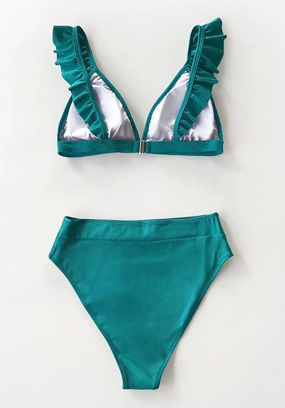 Solid Red Green Ruffled High-Waisted Bikini Set