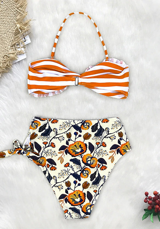 Orange Striped And Floral High-waisted Bikini Set