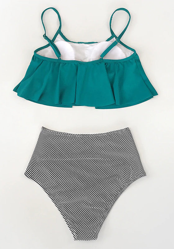 Olive Stripe Falbala High Waisted Bikini Set